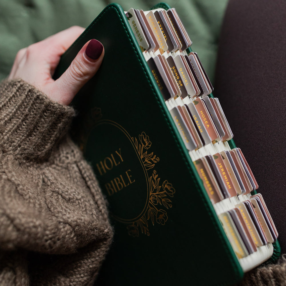 Person holding a green Bible with colorful pages.