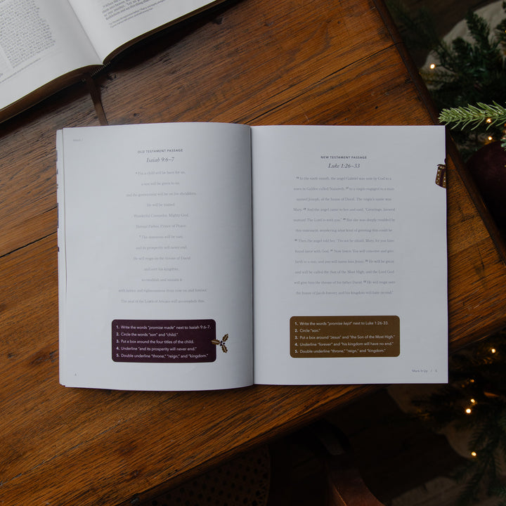An open Bible study book lying on a wooden table, showing printed scripture text on both pages with colored highlight boxes near the bottom. An open book and holiday greenery are partially visible in the background.