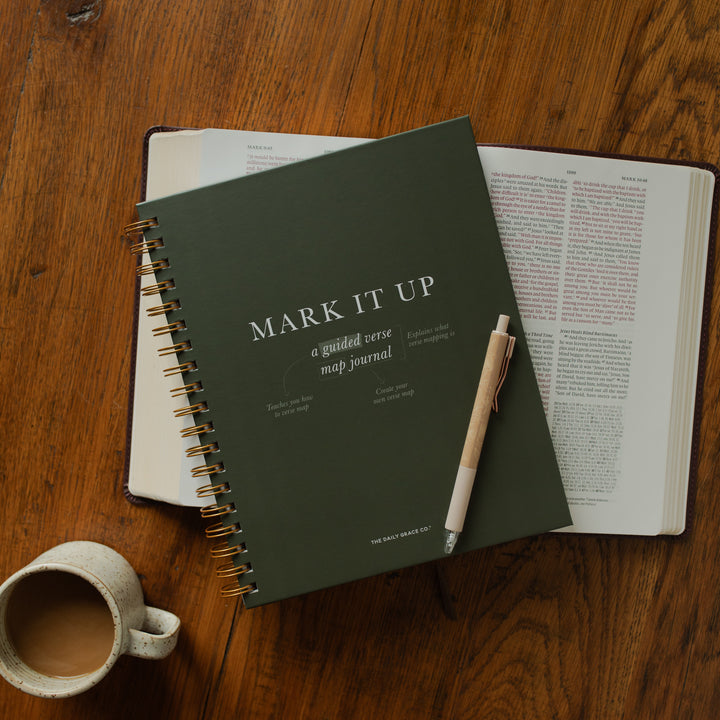 Mark It Up Journal opened to the cover page with a pen on it on an open bible