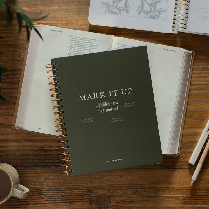 Mark It Up Journal opened to the cover page with a pen on it on an open bible