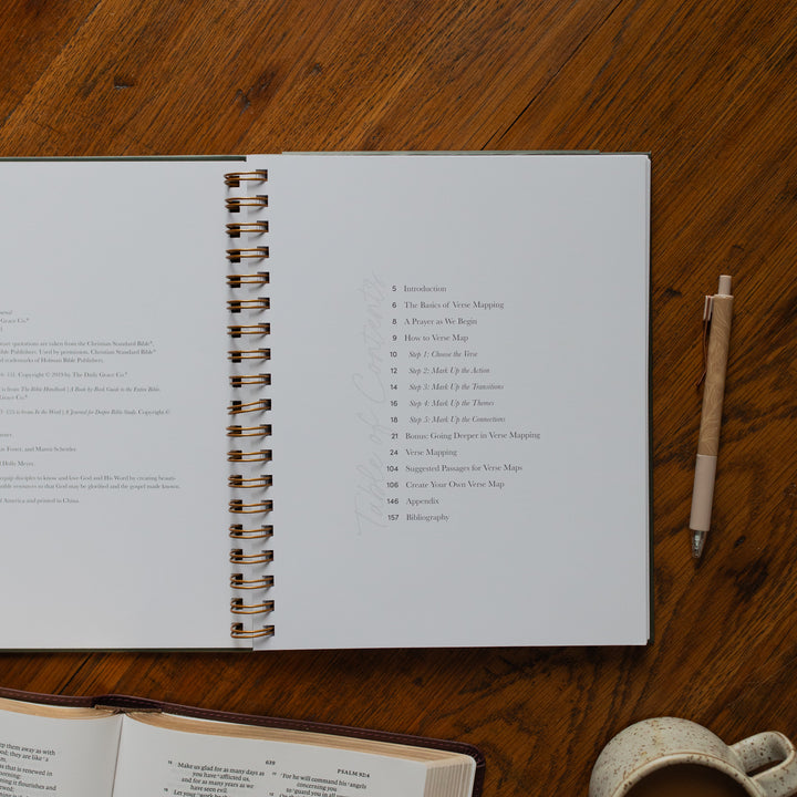 Mark It Up Journal opened to the table of contents page next to a pen