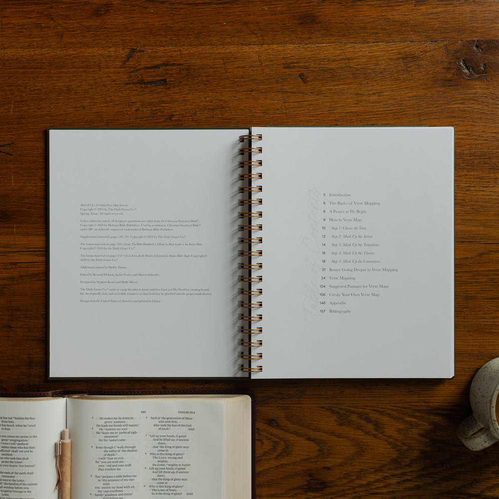Mark It Up Journal opened to the table of contents page next to an open bible