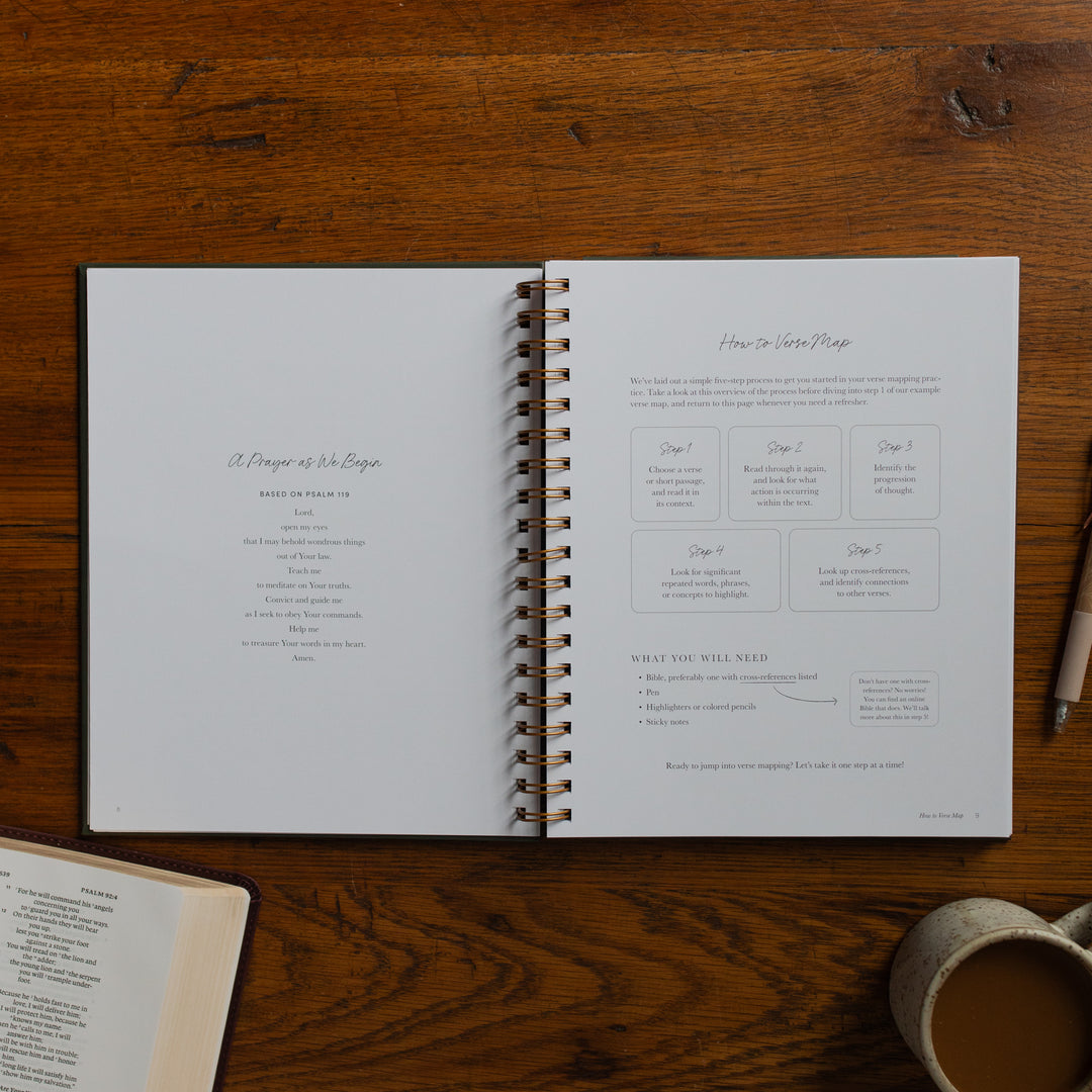 Mark It Up Journal opened to the How to verse map page next to a pen