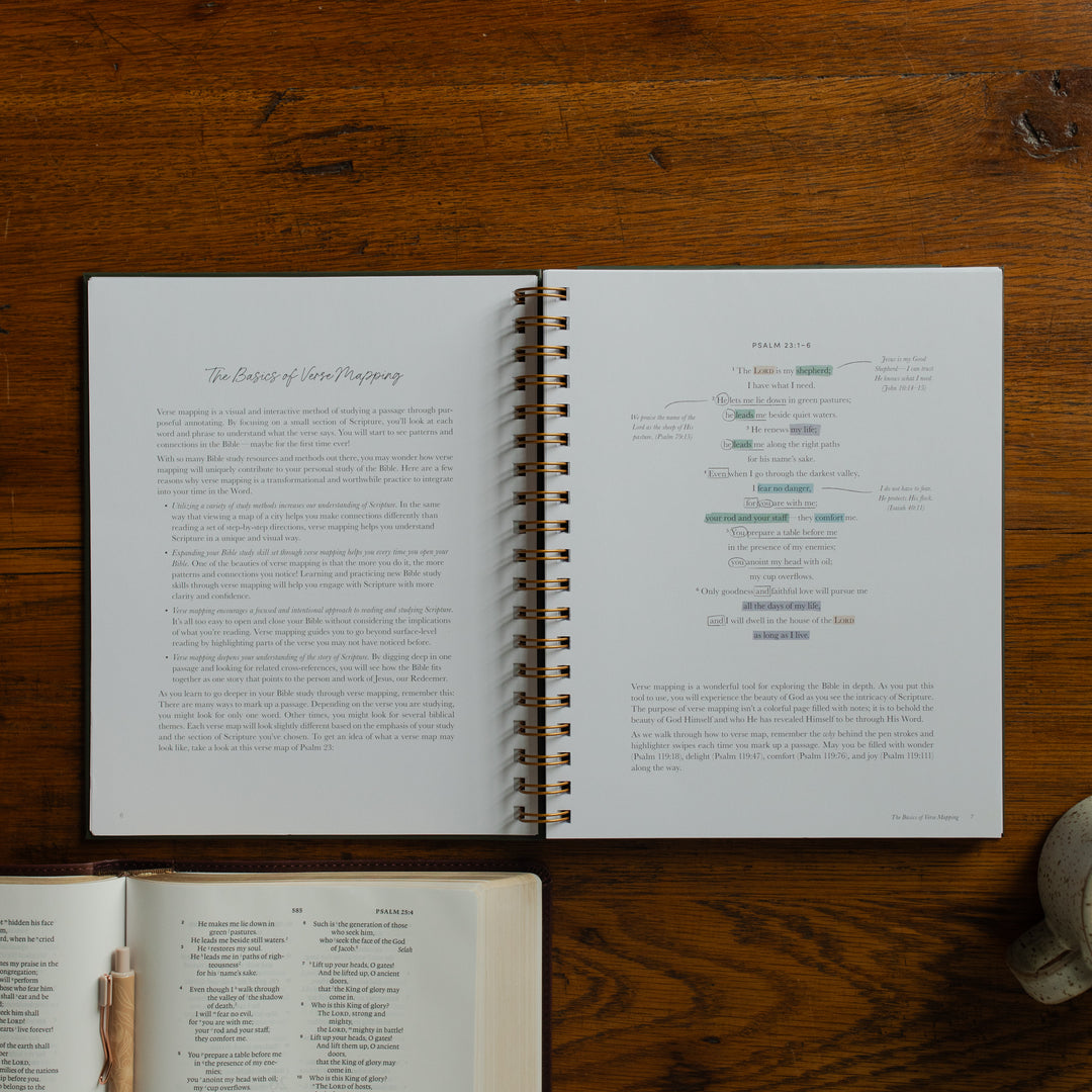 Mark It Up Journal opened to the basics of verse mapping page next to an open bible