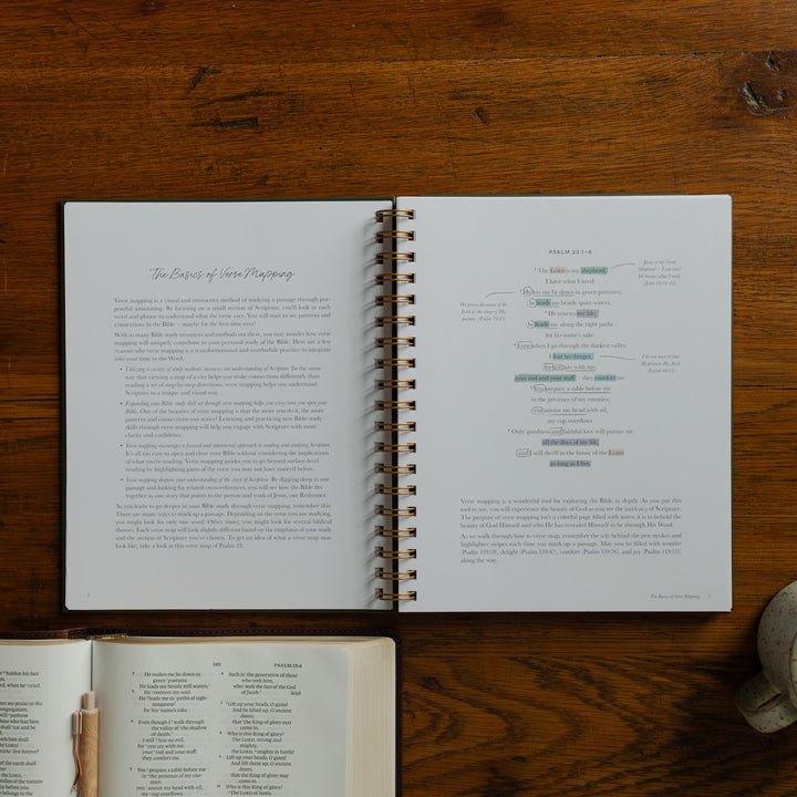Mark It Up Journal opened to the basics of verse mapping page next to an open bible
