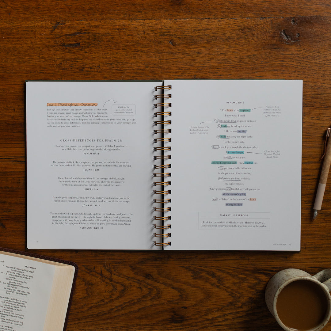 Mark It Up Journal opened to the mark up the connections page next to a pen