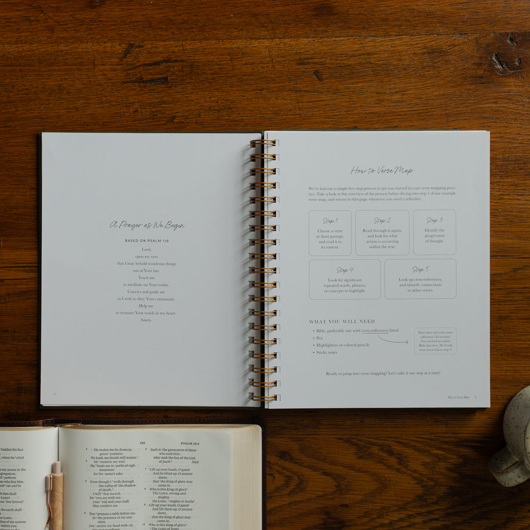 Mark It Up Journal opened to the How to verse map page next to an open bible