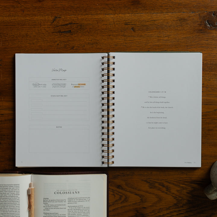 Mark It Up Journal opened to a blank verse map page next to an open bible