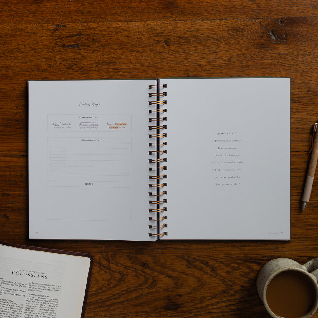 Mark It Up Journal opened to the verse map page for john 13 next to a pen