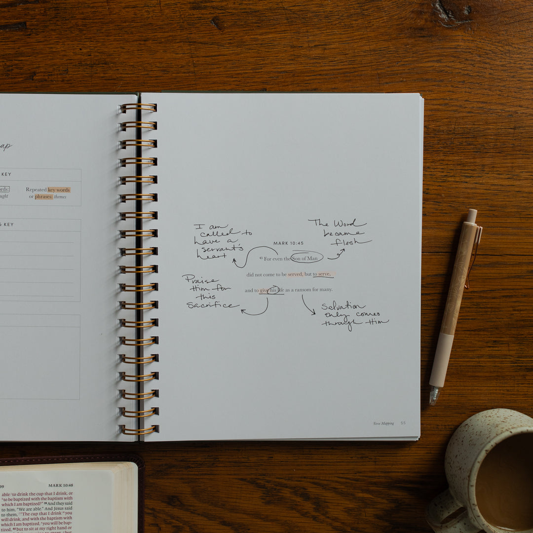 Mark It Up Journal opened to the verse map page of Mark with some notes next to a pen