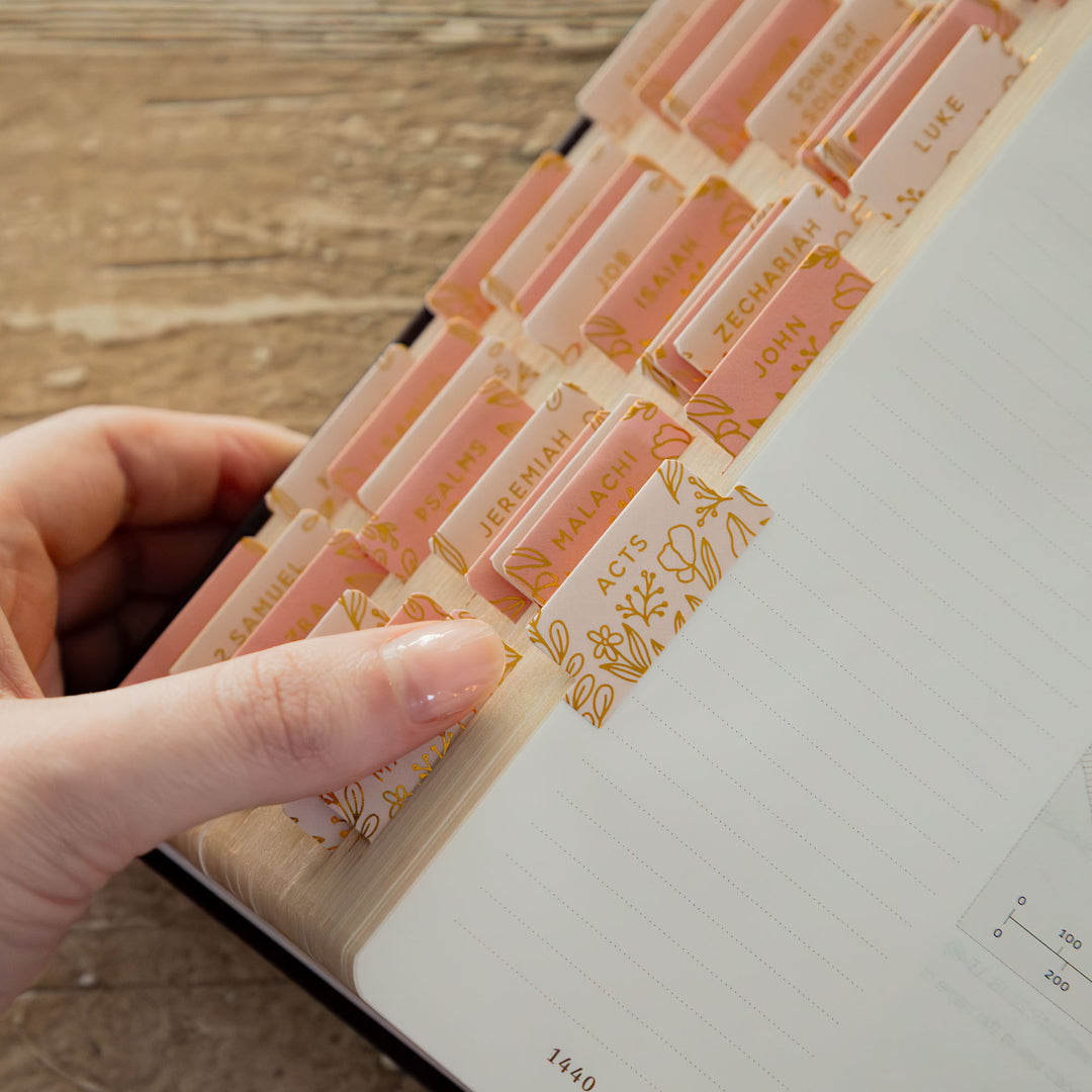 Hand holding a page with bible tabs