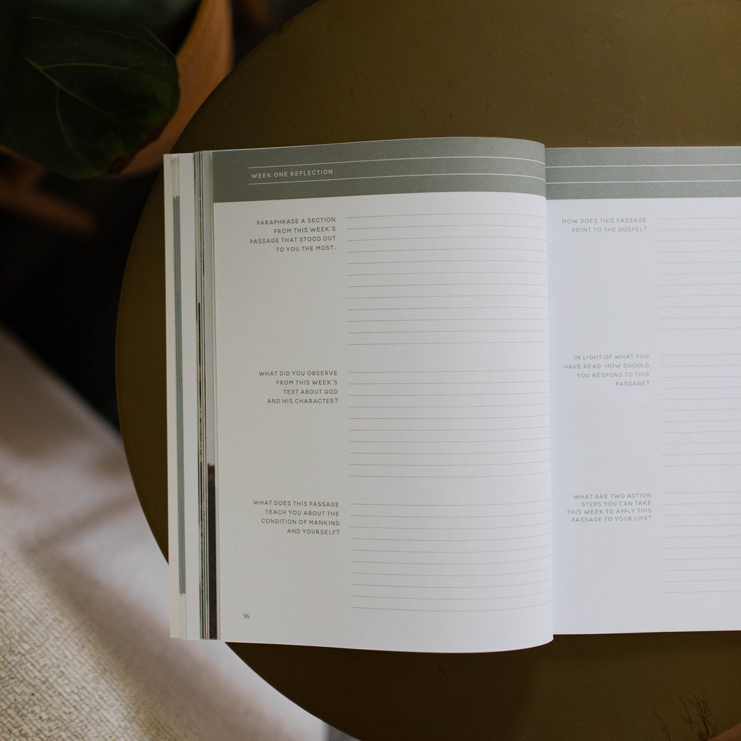 Mens Malachi Waiting for Hope Bible Study opened to Week 1s reflections page sitting on a gold colored table