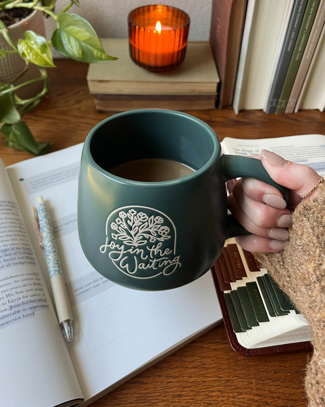 Joy Christian mug with Bible study and Bible with Joy in the Waiting written on it