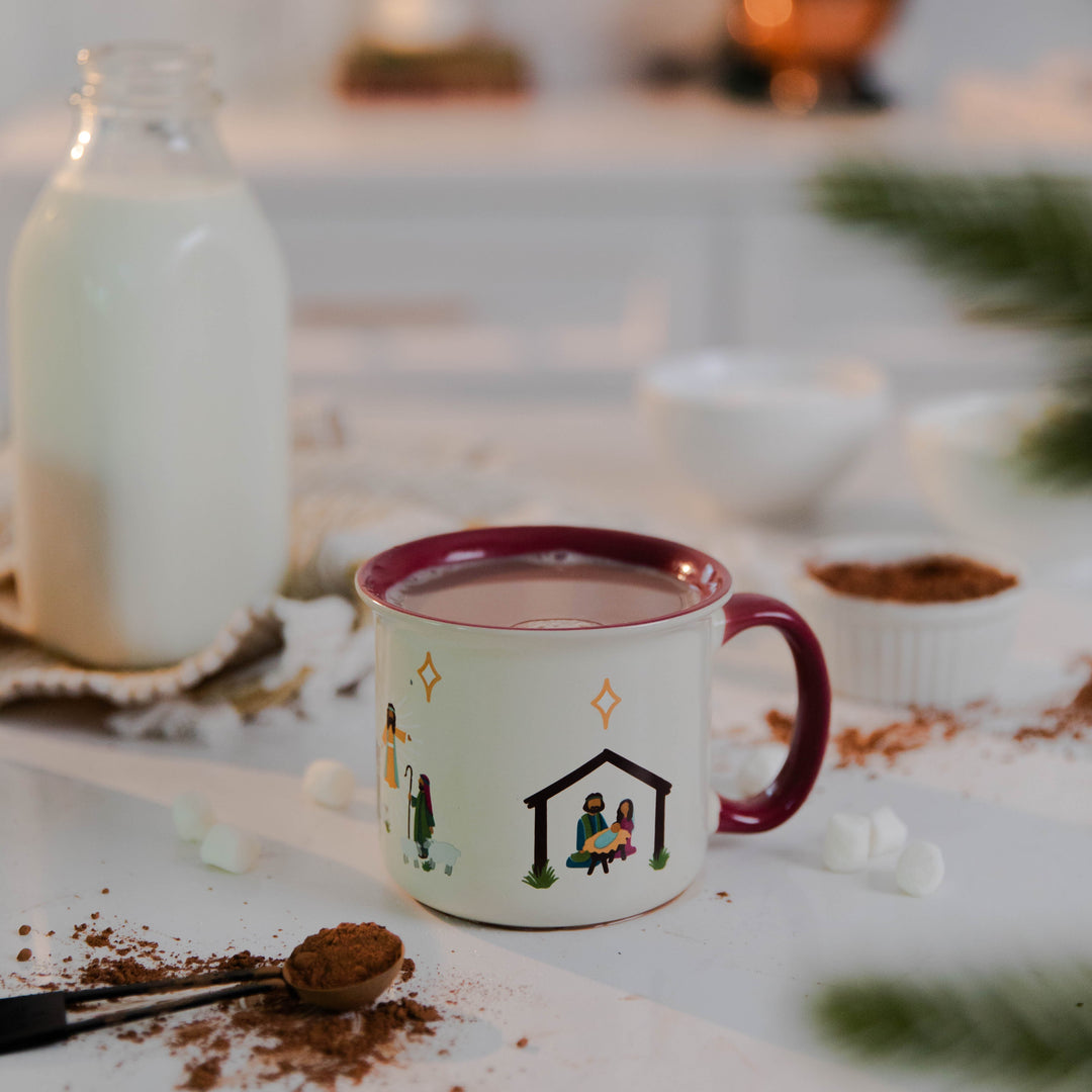 Christian Nativity Mug for Christmas with milk and cocoa powder