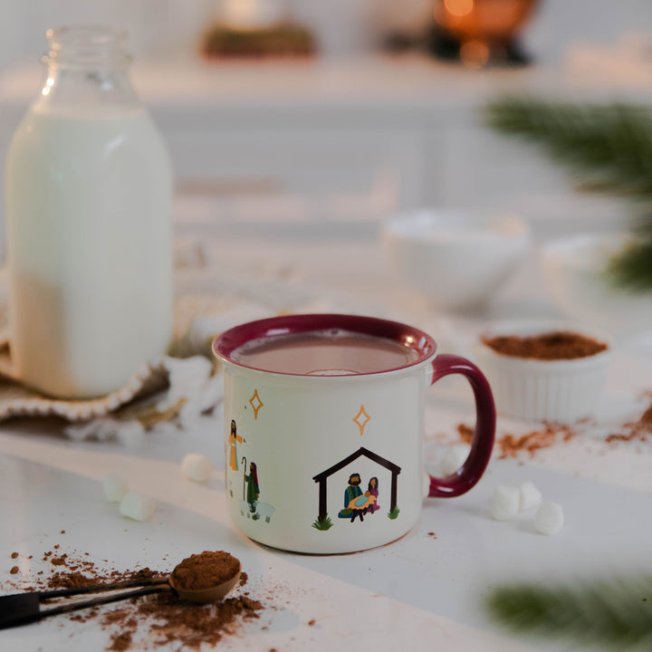 Christian Nativity Mug for Christmas with milk and cocoa powder