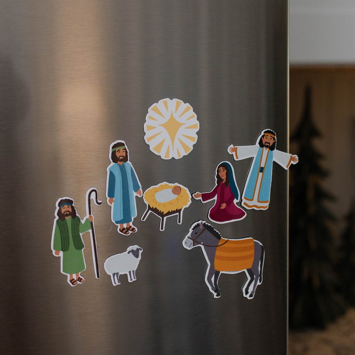 8 Nativity Scene magnets on a refrigerator