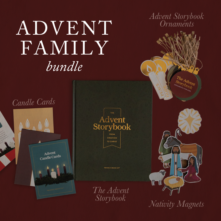 Advent family bundle set featuring The Advent Storybook, Advent Candle Cards, Advent Storybook Ornaments, and Nativity Magnets, arranged on a dark maroon background with large white text reading 'ADVENT FAMILY bundle'.