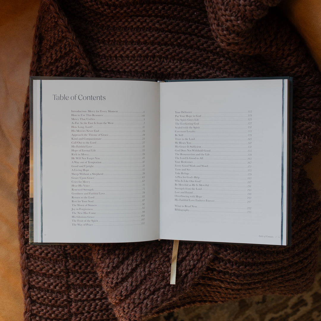 New and Never Ending Mercies opened to the table of contents page on a brown knitted blanket on a leather couch