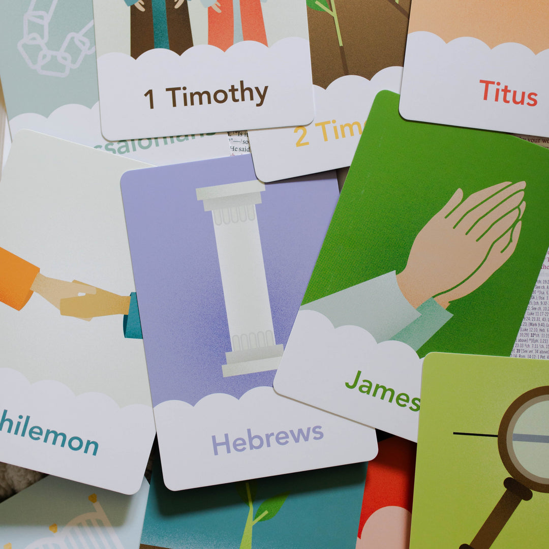 Example of multiple cards with illustrations of New Testament books of the Bible for kids