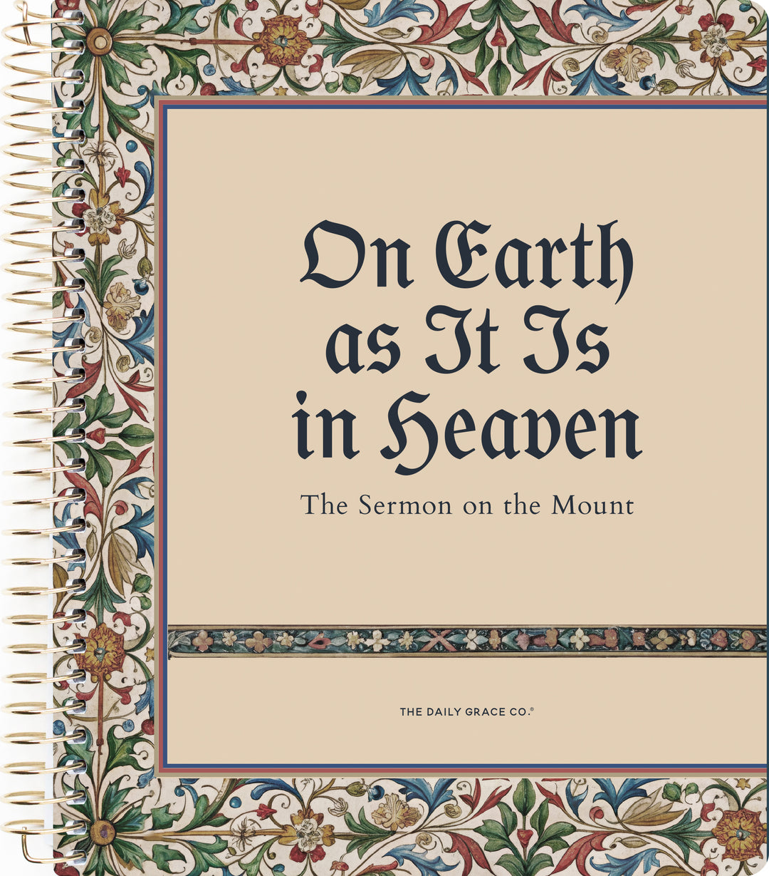Book cover with decorative border and text 'On Earth as It Is in Heaven' on a beige background