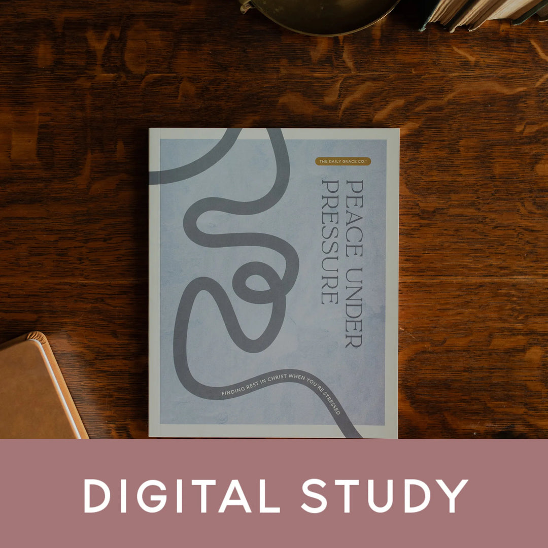 Peace Under Pressure Study Cover on a wooden table next to a closed journal With a banner that says Digital Study