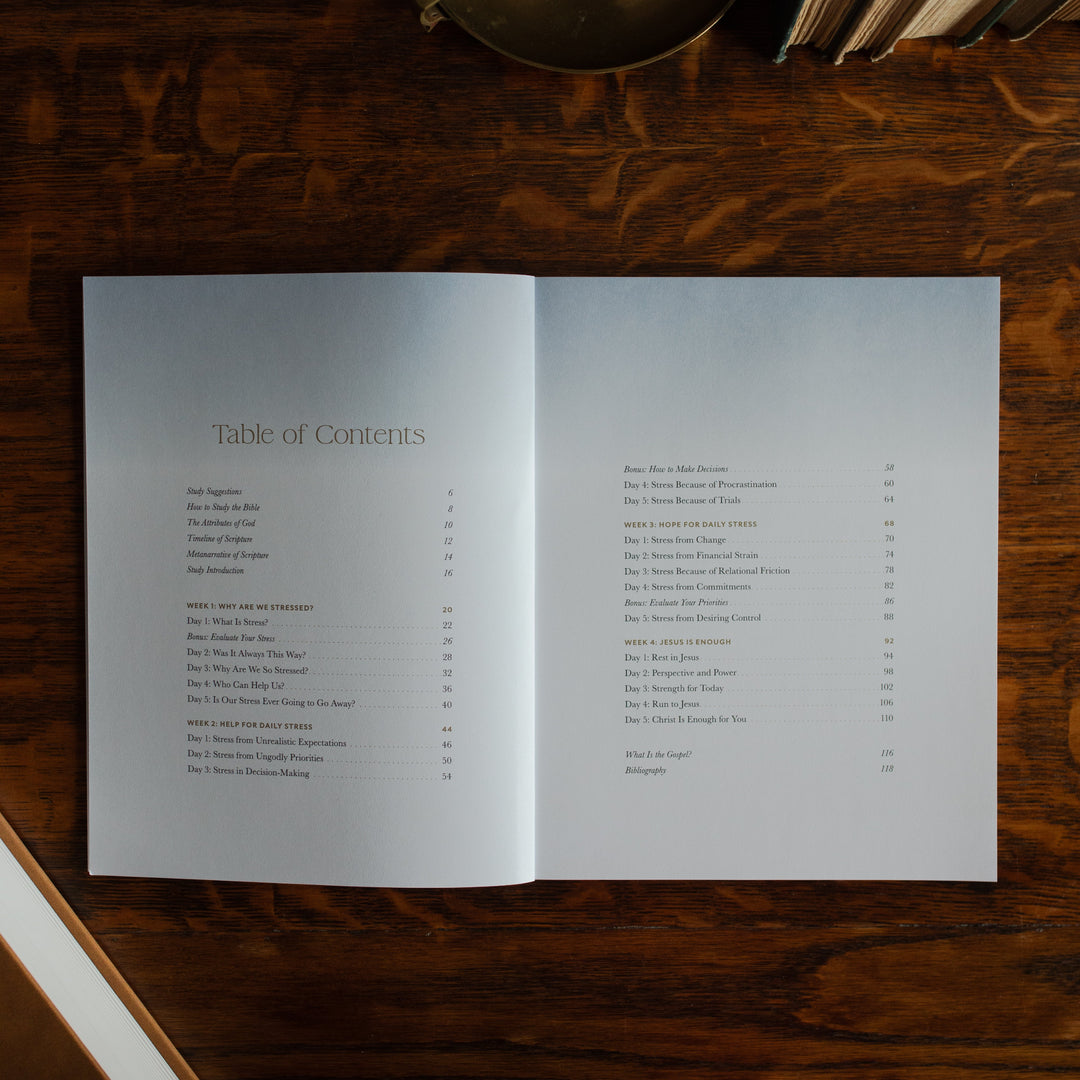 Peace Under Pressure Study opened to the table contents page on a wooden table