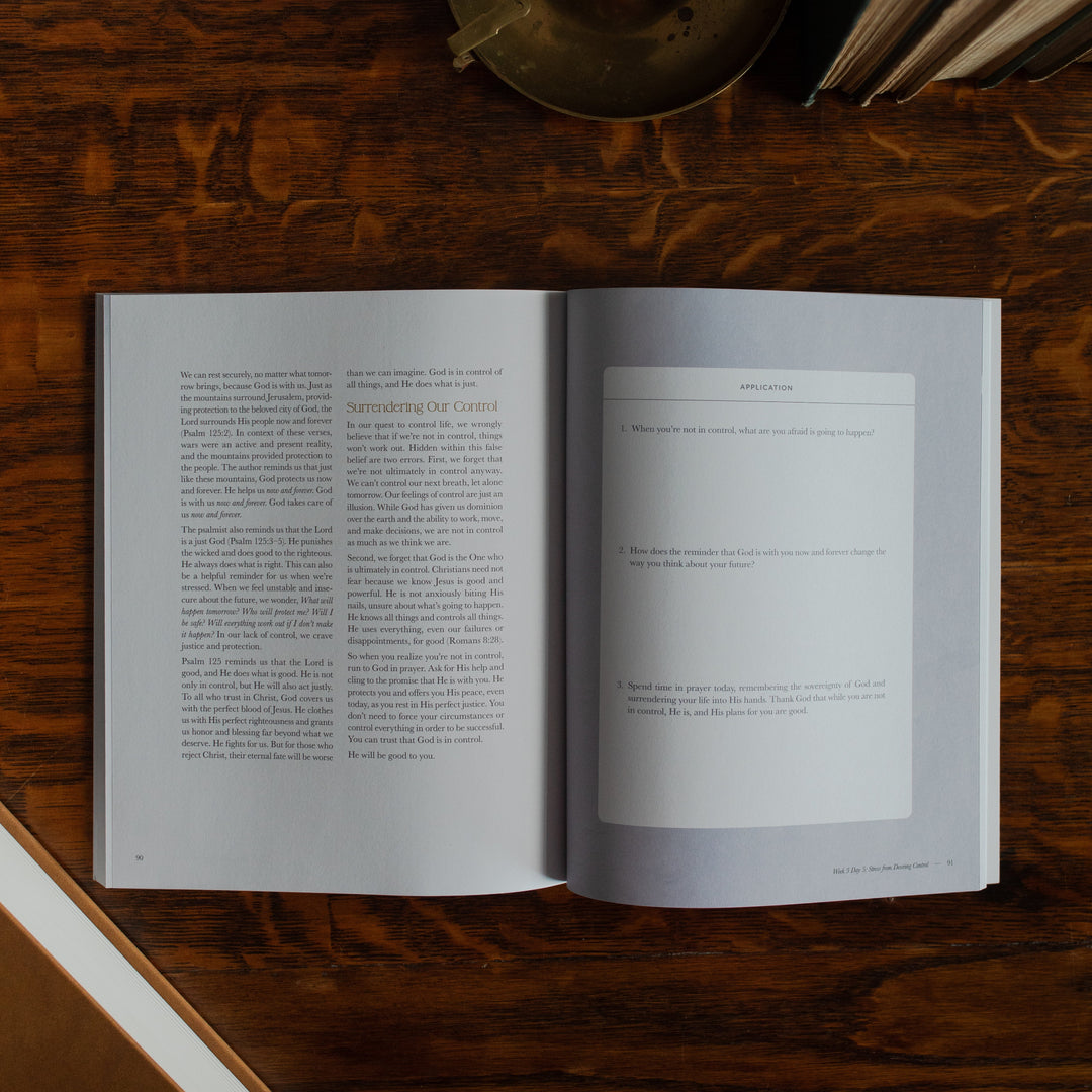 Peace Under Pressure Study opened to the applications page on a wooden table