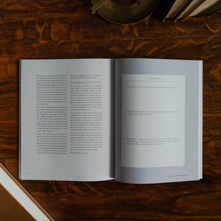 Peace Under Pressure Study opened to the applications page on a wooden table