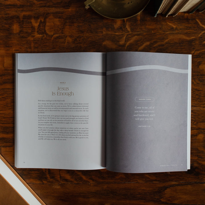 Peace Under Pressure Study opened to the week 4 memory verse page on a wooden table