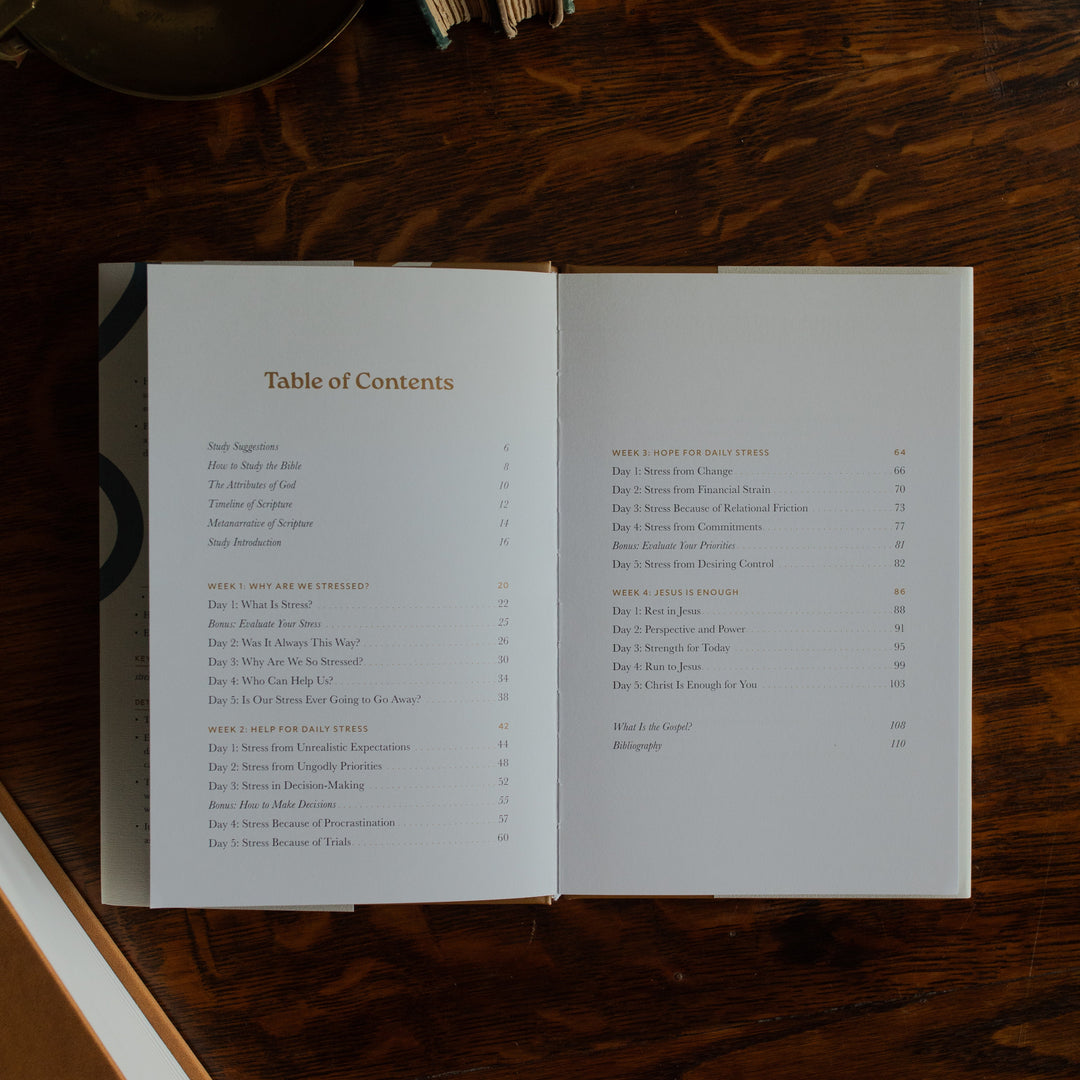 Peace Under Pressure Mens opened to the table of contents page on a wooden table next to a journal