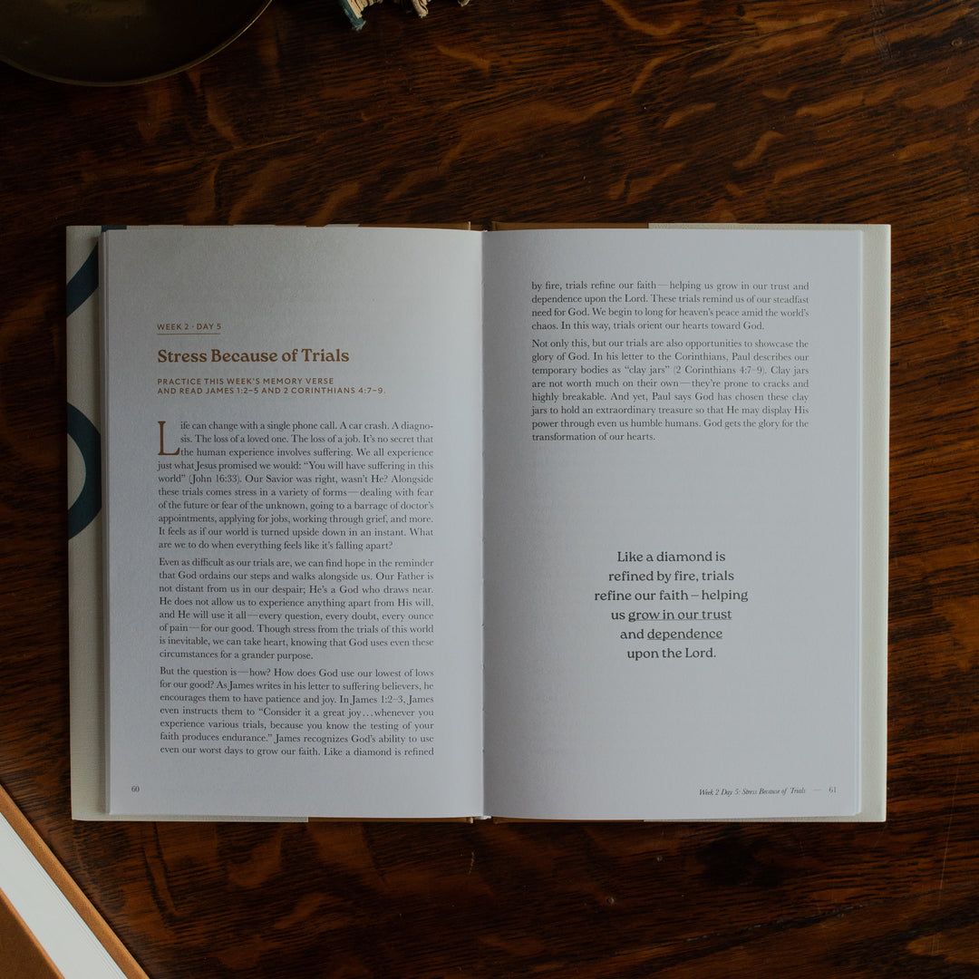 Peace Under Pressure Mens opened to the Week 2 Day 5 page on a wooden table next to a journal