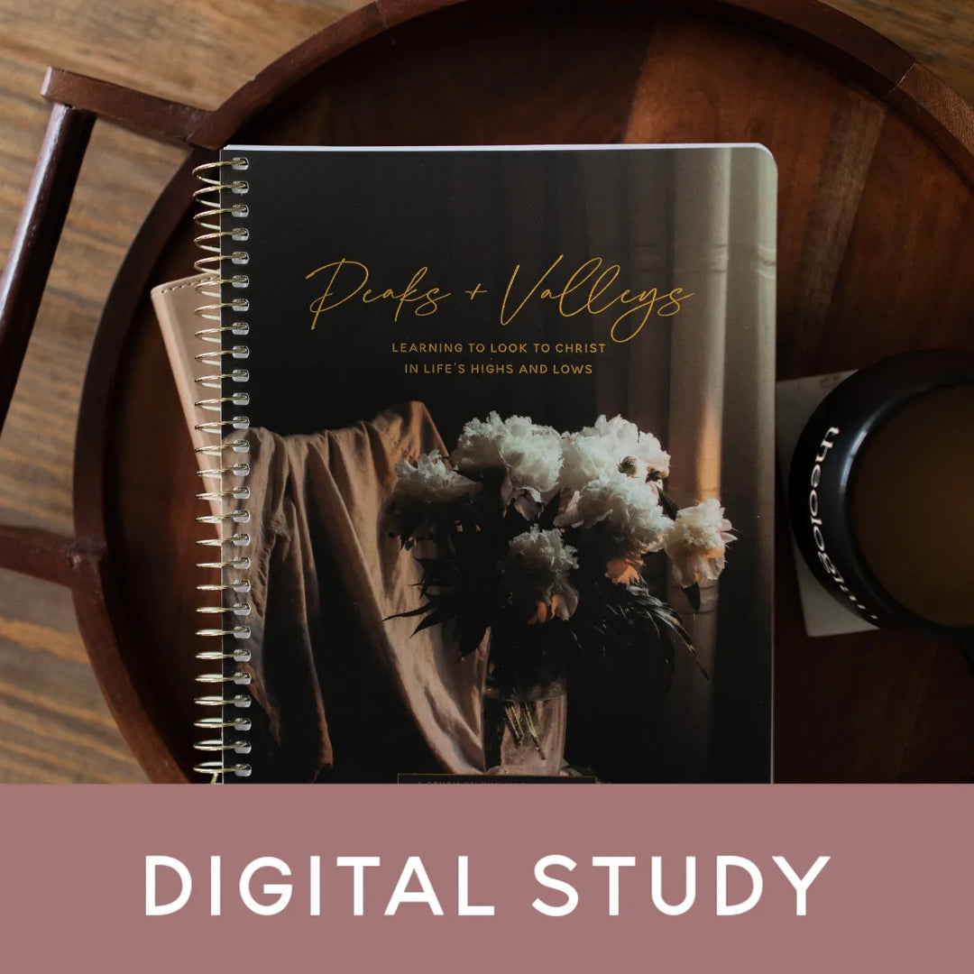 Peaks and Valleys Spiral Study on a dark brown wooden tray with a black coffee cup next to it on a brown wooden table with a banner that says Digital Study