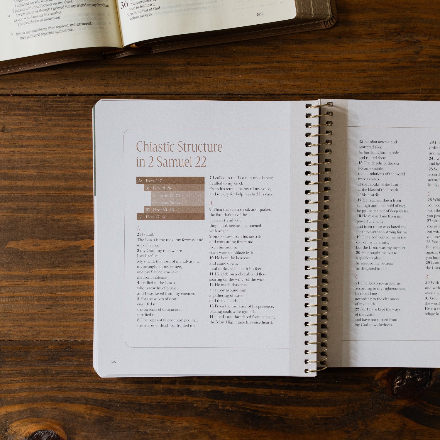 Peaks and Valleys Spiral Study opened to the Chiastic Structure page next to an open bible on a brown wooden table