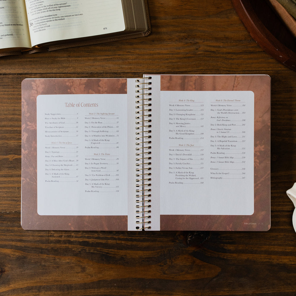 Peaks and Valleys Spiral Study opened to the Table of Contents next to a dark brown wooden tray and an open bible on a brown wooden table