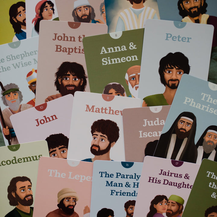 Multiple cards with people from the new testament on the cover