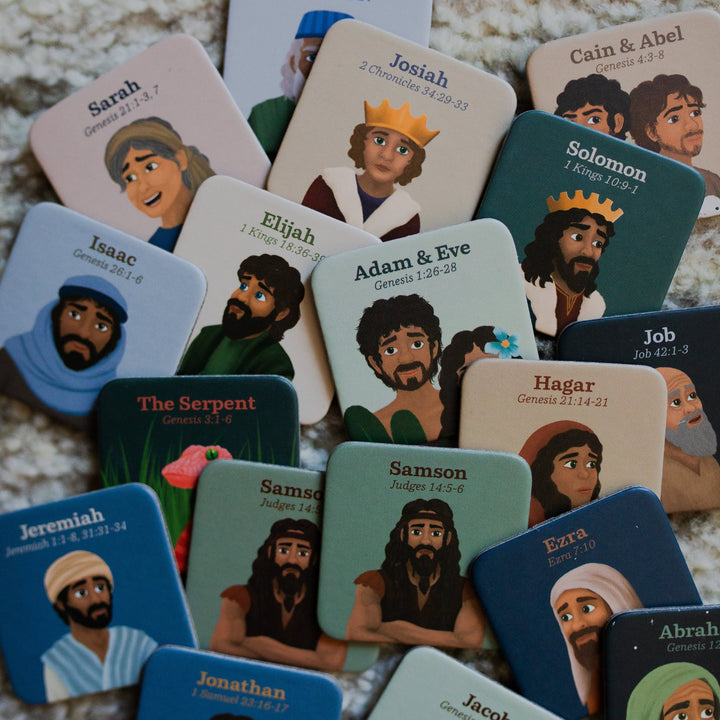 Close up of multiple tiles from matching game of People of the Old Testament for kids