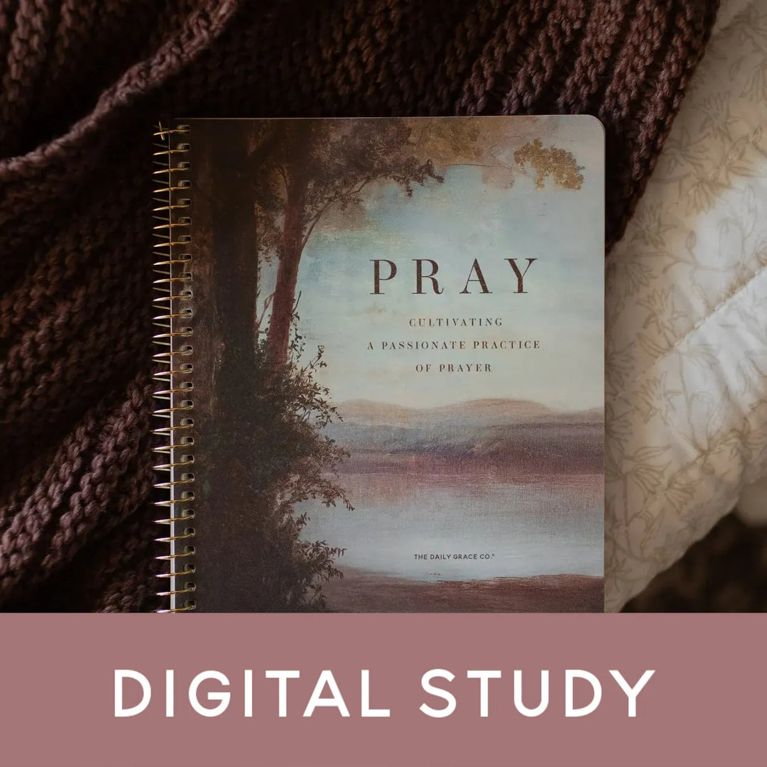 The Pray spiral study cover on a woven blanket with a pink banner that says Digital Study