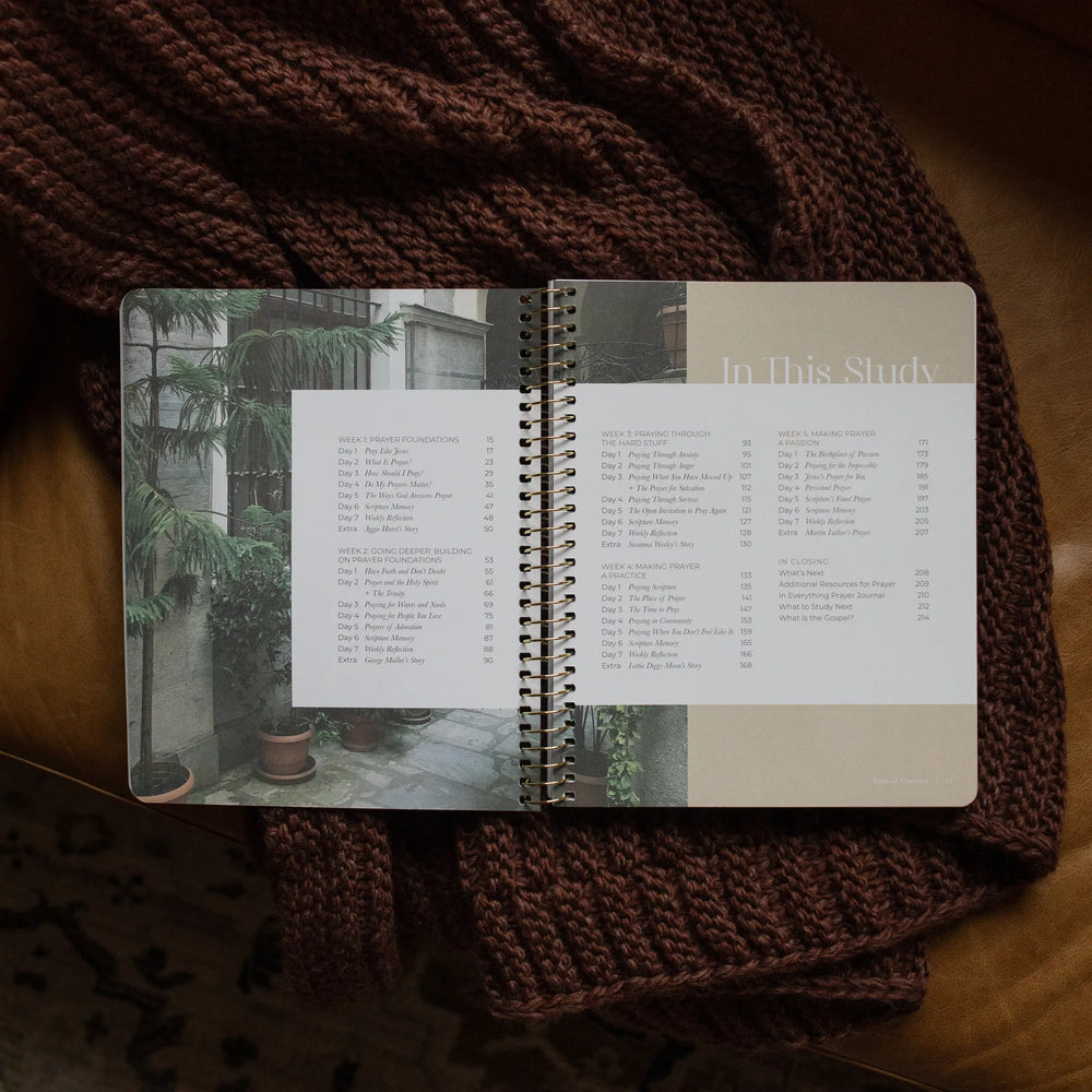 The Pray Spiral Study opened to the table of contents page on a woven blanket