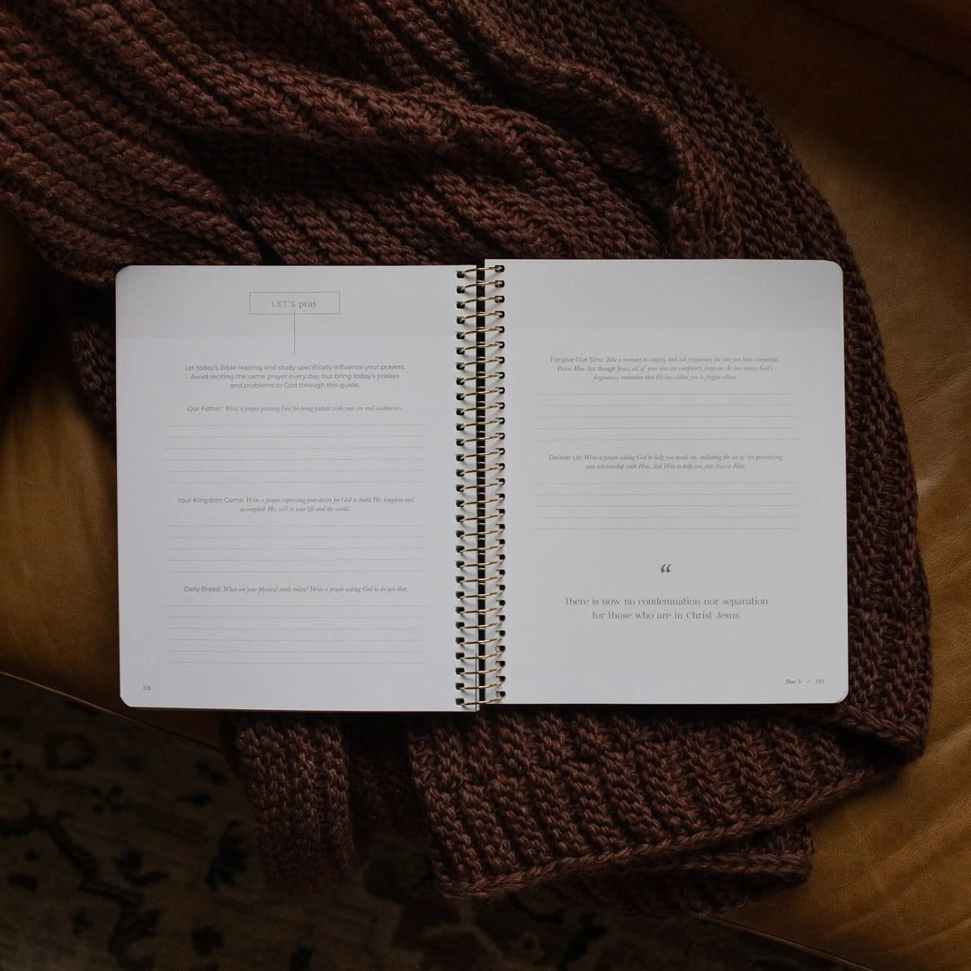 The Pray Spiral Study opened to the lets pray page on a woven blanket