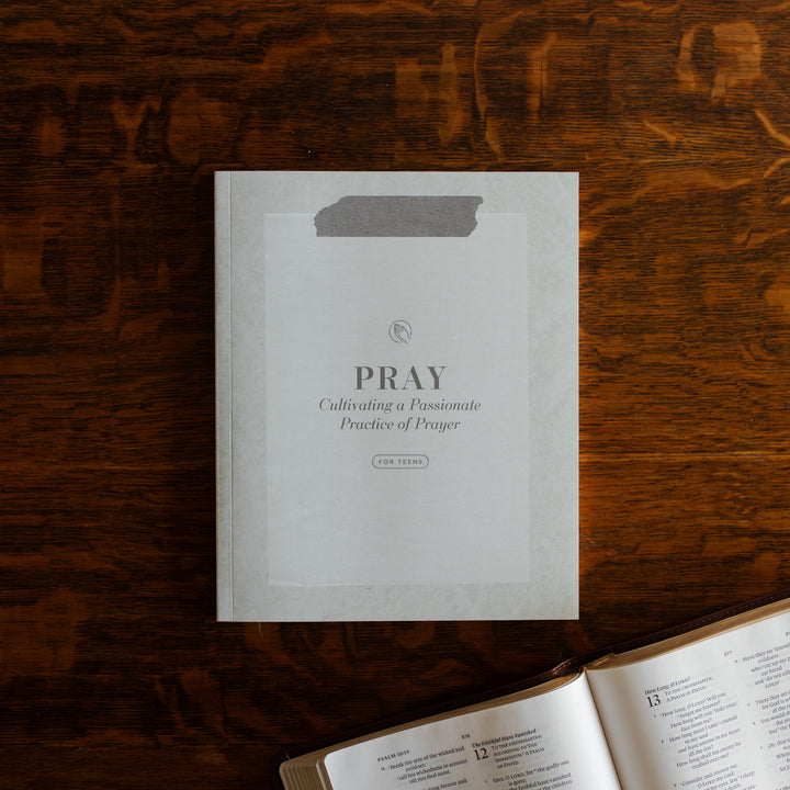 The Pray Study cover on a wooden table near an open bible