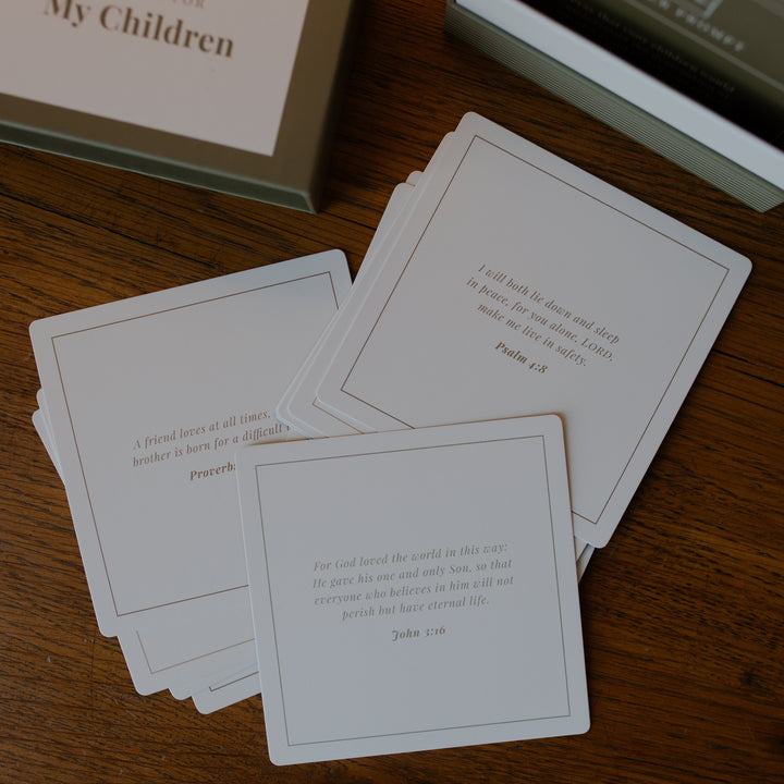 The backs of multiple verse cards for prayers for children
