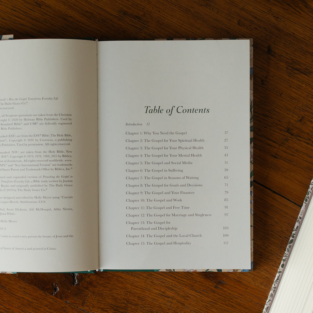 Preaching the Gospel to yourself opened to the table of contents page on a wooden table