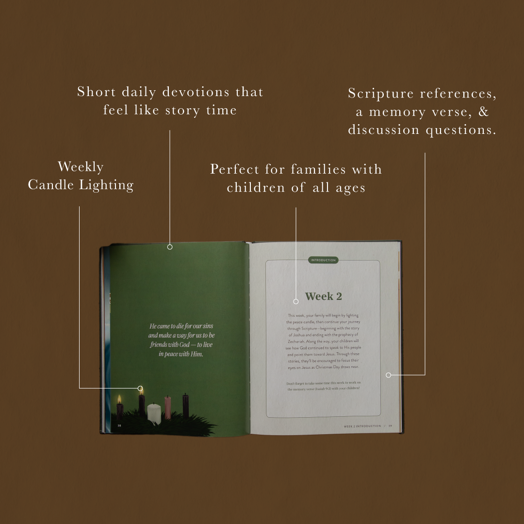 An open devotional book displayed on a brown background with callout lines and text describing features such as weekly candle lighting, scripture references, and suitability for families. The left page is dark green with candle illustrations, and the right page is white with text.