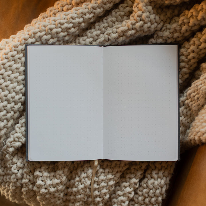 The Psalm 121 Dotted Journal opened to a blank page on a white knitted blanket
