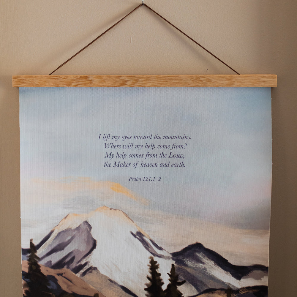 Psalms 121 Mountain Hanging Canvas on a light brown colored wall