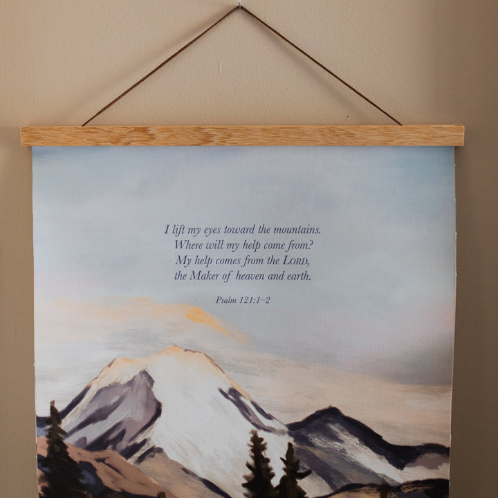 Psalms 121 Mountain Hanging Canvas on a light brown colored wall
