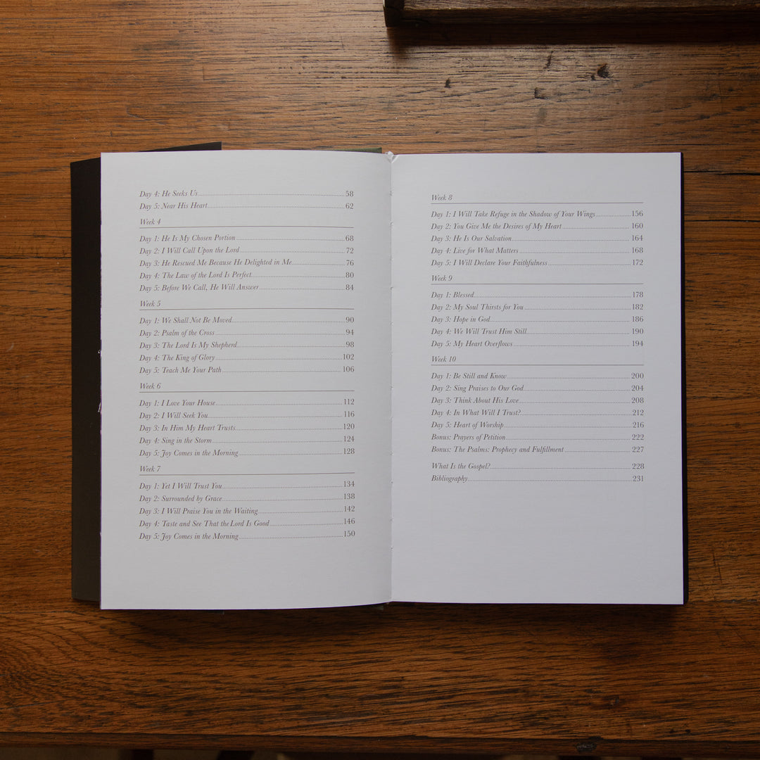An open book laid flat on a dark wooden table, showing a printed table of contents on both pages.