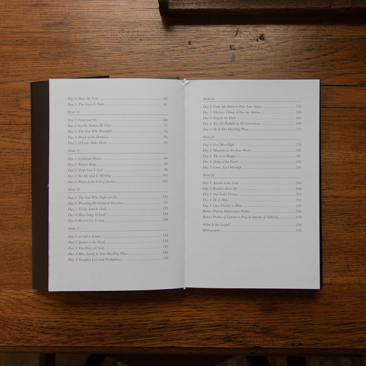 An open book showing printed table-of-contents pages on a dark wood tabletop. No person or animal is present, and the book itself is the product being shown in a clean overhead-style shot.