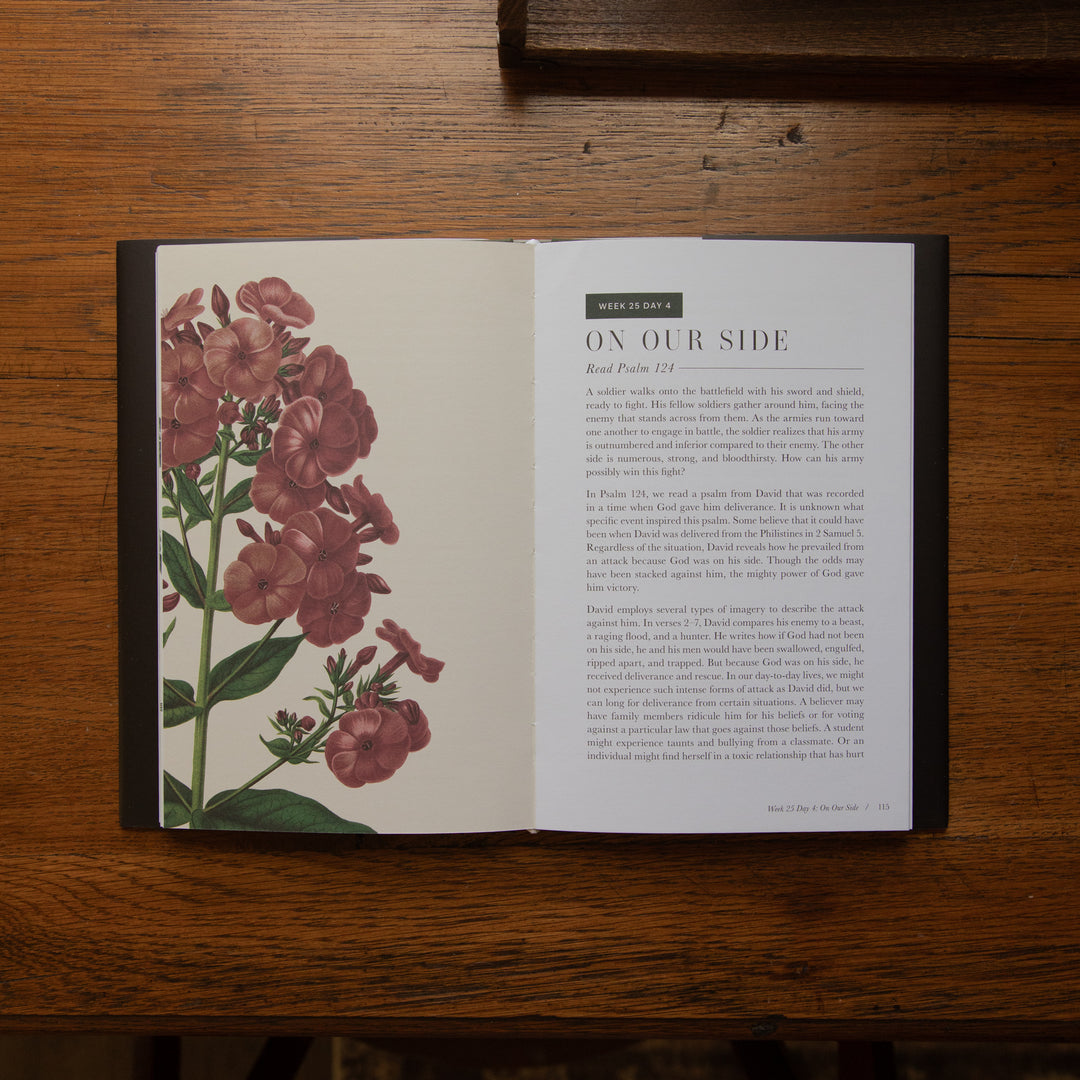 An open book lying flat on a wooden table, showing a botanical illustration of pink flowers on the left page and a text article titled 'ON OUR SIDE' on the right page.