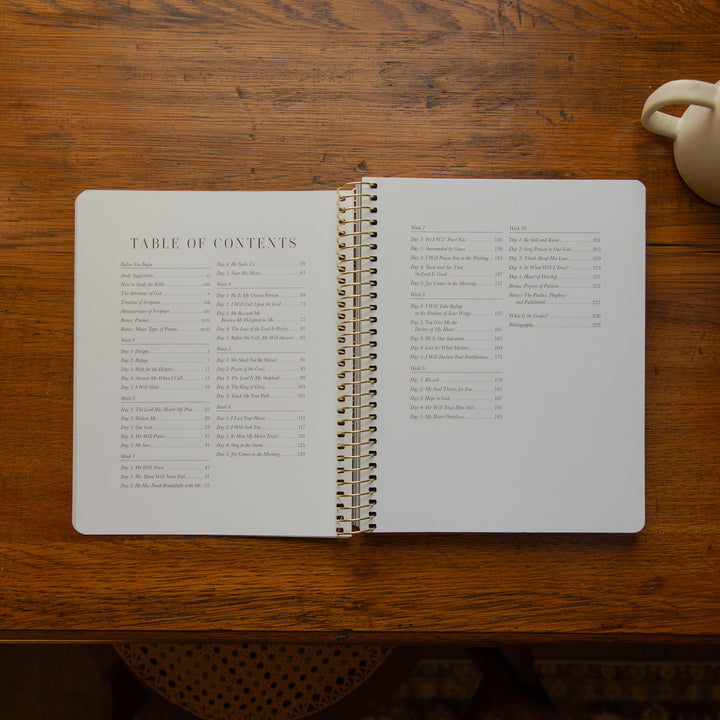 An open spiral-bound notebook showing a printed table of contents on both pages, placed on a wooden tabletop with a small cream-colored ceramic object partially visible in the top right corner.